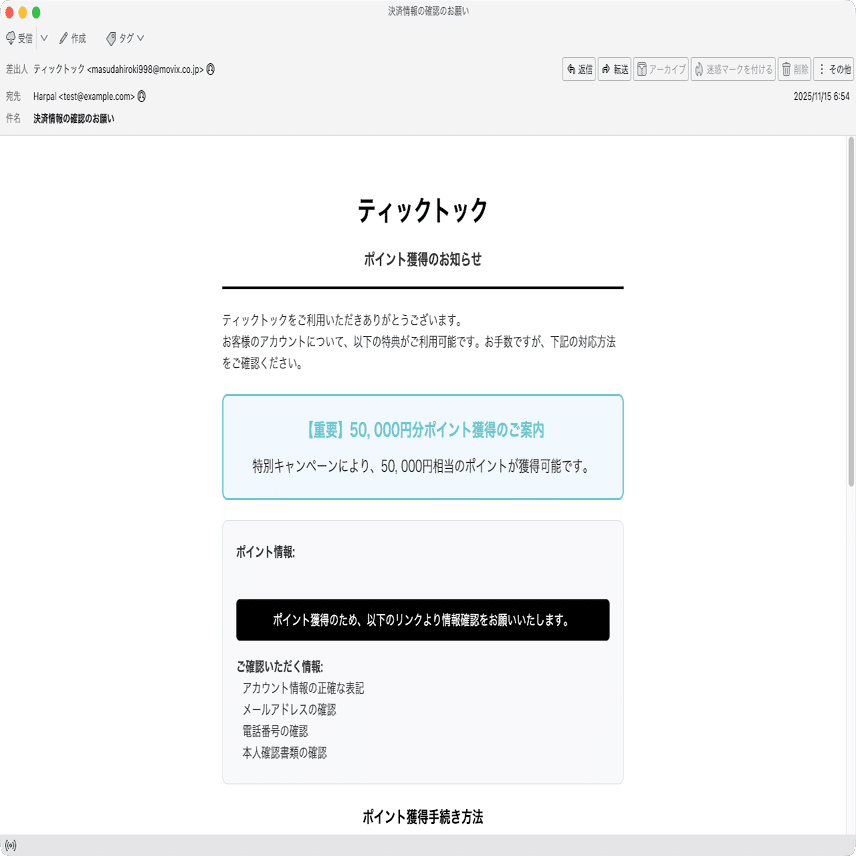 件名：決済情報の確認のお願い｜masanyan
