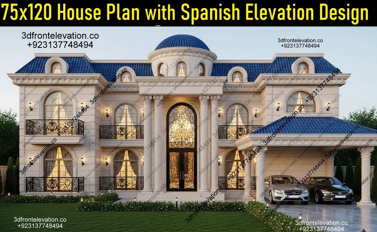 🏛️ 2 Options – 75x120 (2 Kanal) Spanish Elevation House Plan|Home ...