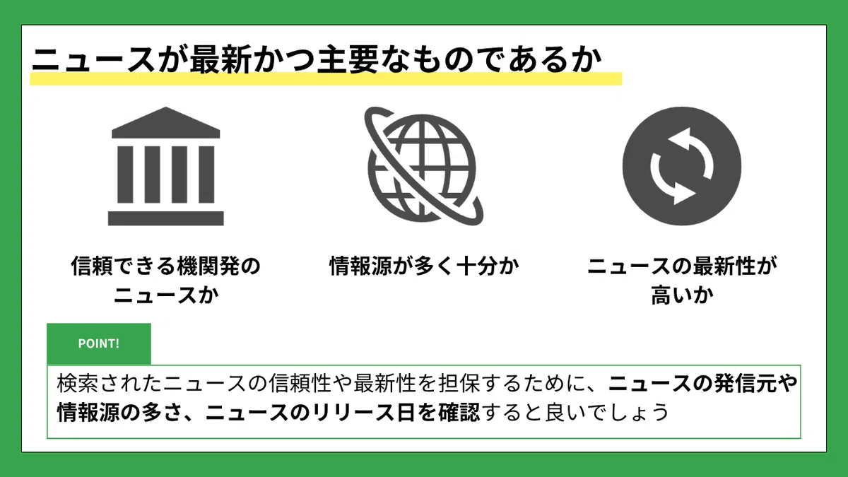 ニュースが最新かつ主要なものであるか
信頼できる機関発のニュースか
情報源が多く十分か
ニュースの最新性が高いか
POINT!
検索されたニュースの信頼性や最新性を担保するために、
ニュースの発信元や情報源の多さ、ニュースのリリース日を確認すると良いでしょう