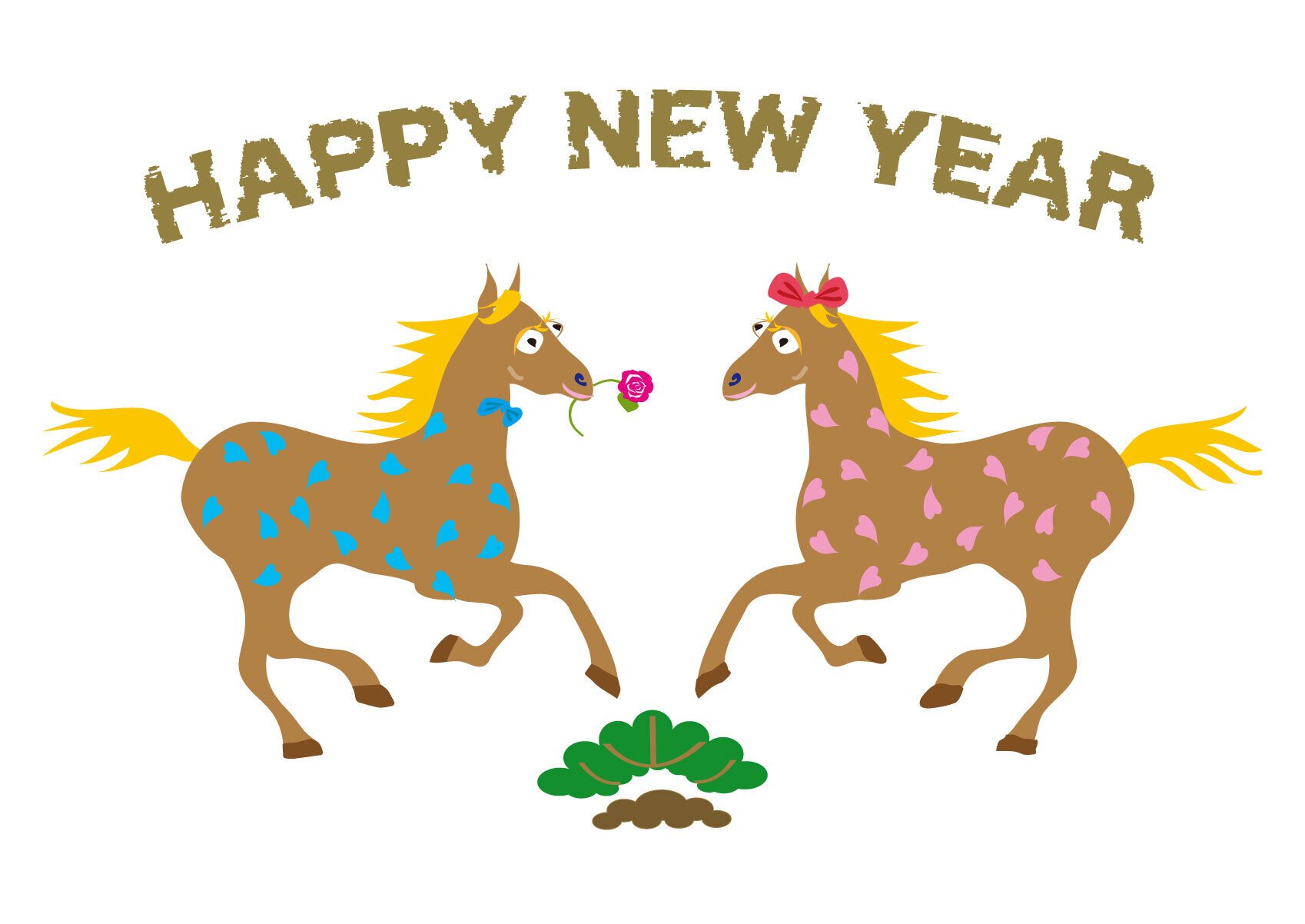 ハート模様の雄馬と雌馬の馬カップルのイラスト年賀状2026
