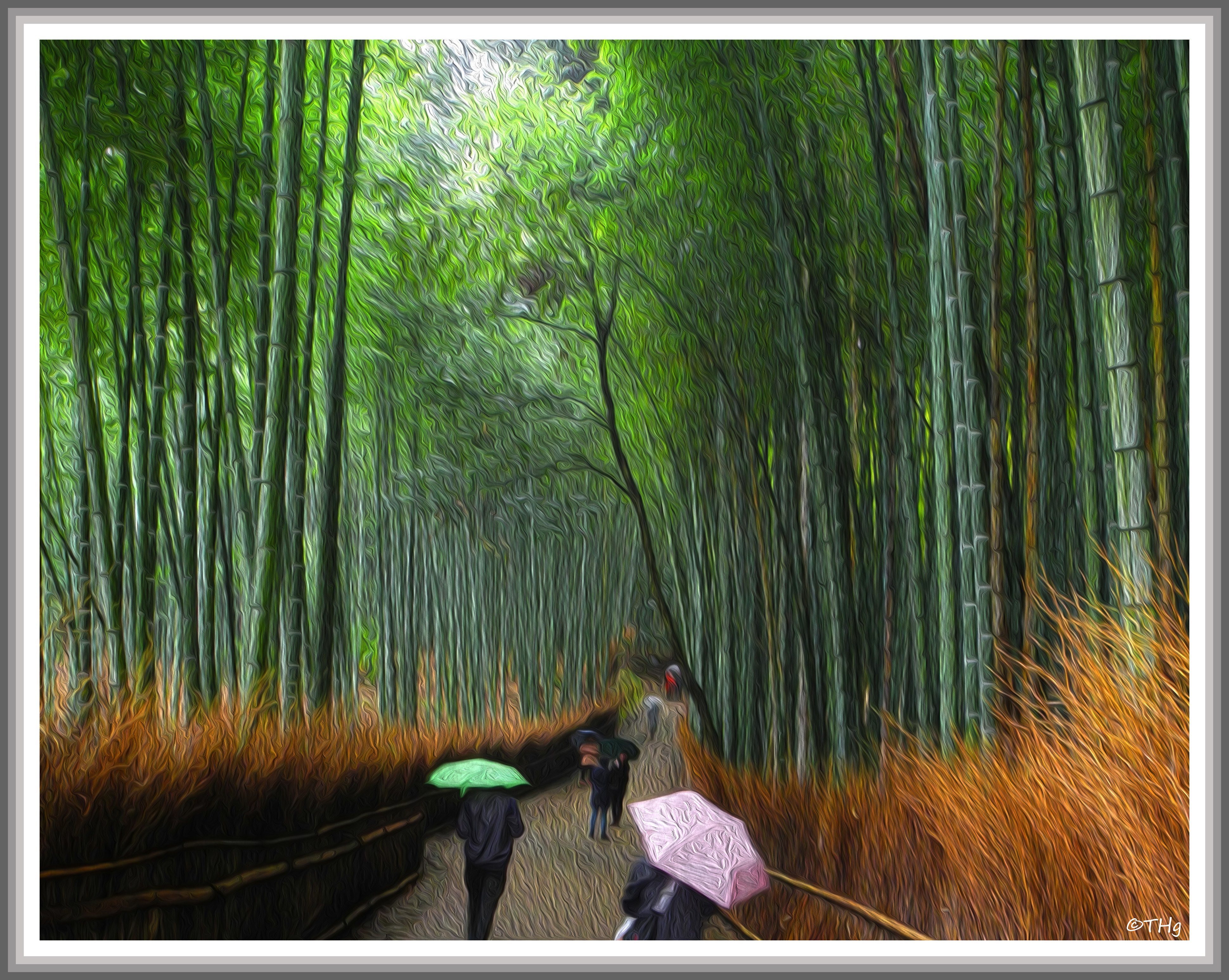 雨の竹林を行く（油彩風）｜taka