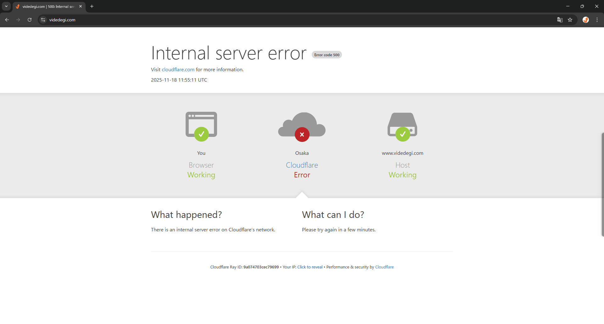Cloudflareの障害で開けないホームページのエラー画面