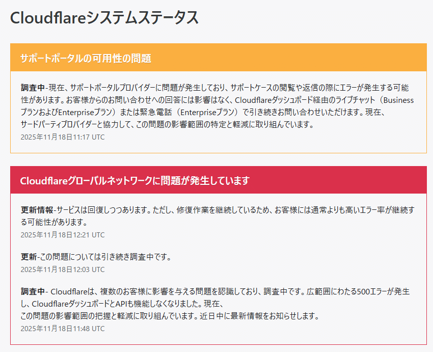 Cloudflareシステムステータス Cloudflareグローバルネットワークに問題が発生しています サービスは回復しつつあります 調査中
