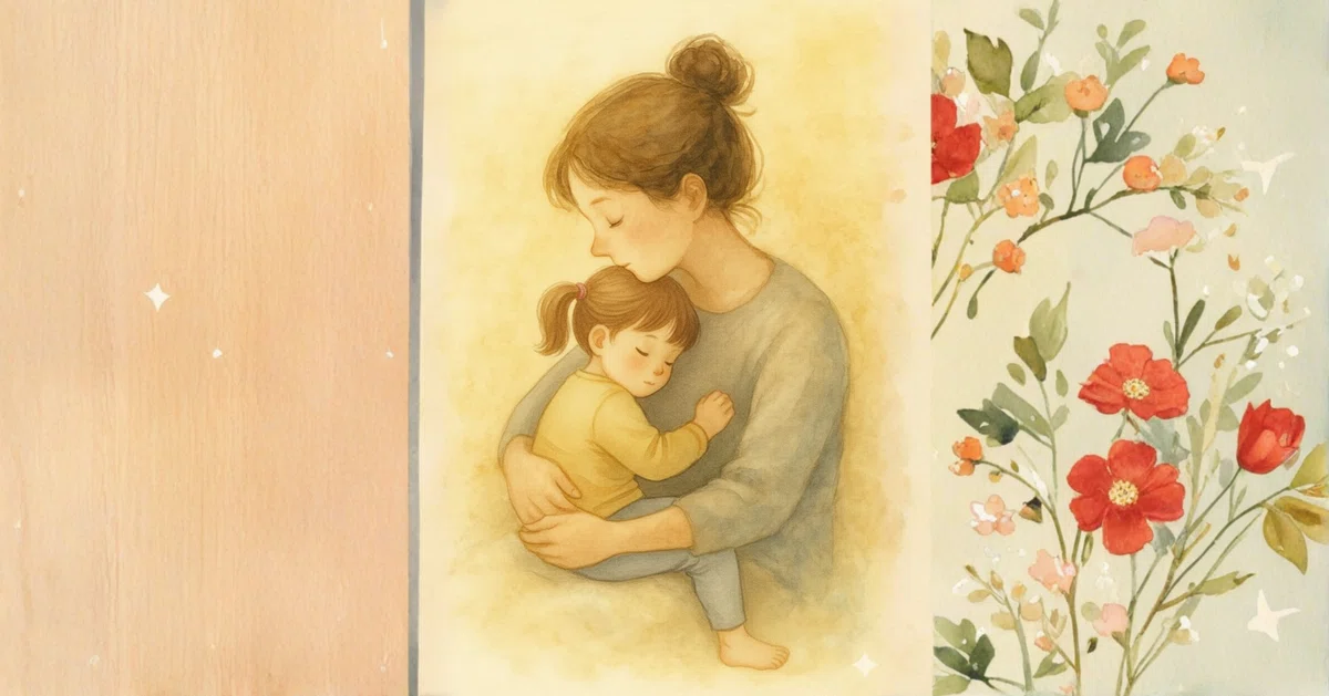 母親が幼い娘をぎゅっと抱きしめている水彩イラスト。温かな色合いで、寄り添う親子の安心感とやさしい雰囲気が伝わる構図。
