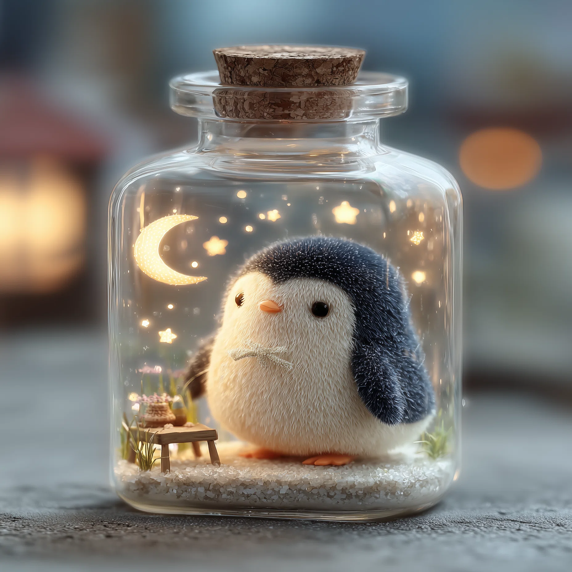 AIイラスト制作記｜瓶の中を彩る“夜空ペンギン”― 月を閉じ込めた小瓶が 