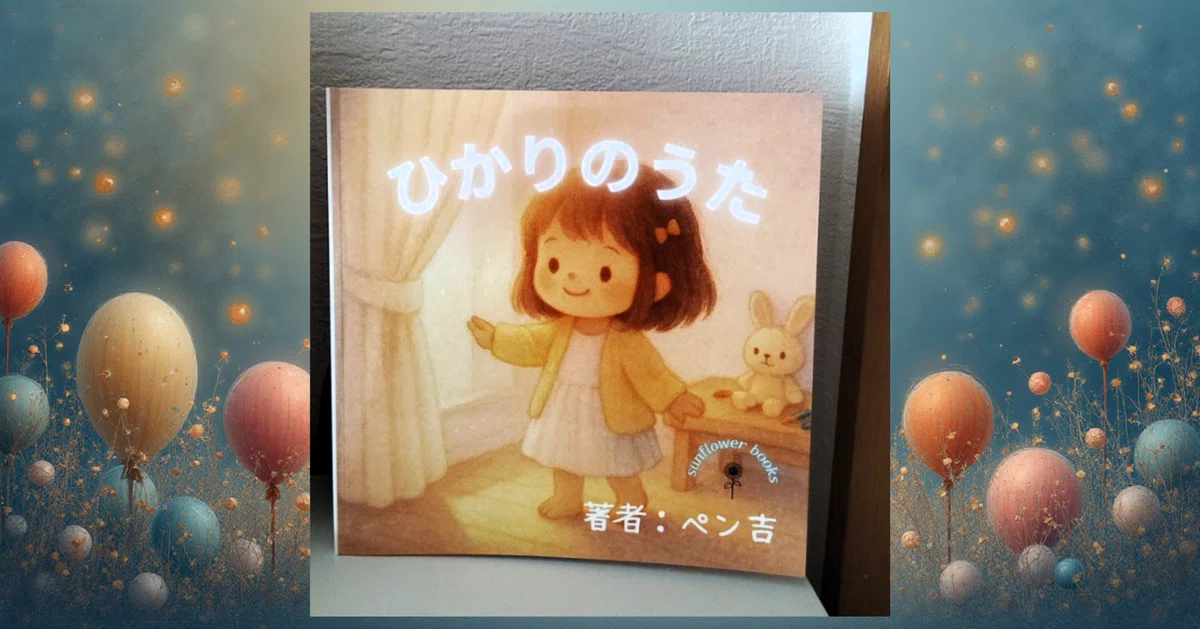 やさしい光に包まれた部屋の中で、絵本『ひかりのうた』の表紙が飾られている。小さな女の子とウサギのぬいぐるみが描かれた、あたたかい雰囲気の一冊が、淡い風船の背景にふんわりと浮かぶように置かれている写真。