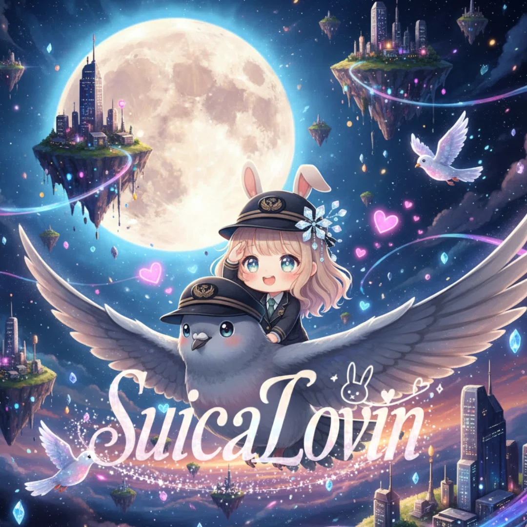 Suica Lovin宇宙・未来の交通インフラ。『Suica Lovin』のウサギとハトが「光片-ヒカリノカケラ-」が舞うより幻想的な宇宙を飛んでいる1シーン。宇宙と未来都市