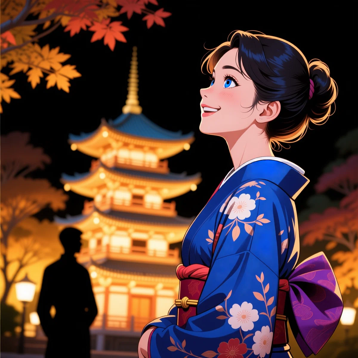 縁に白い線が入る例:日本の塔を背景にした青い着物を着た女性のアニメ風イラスト