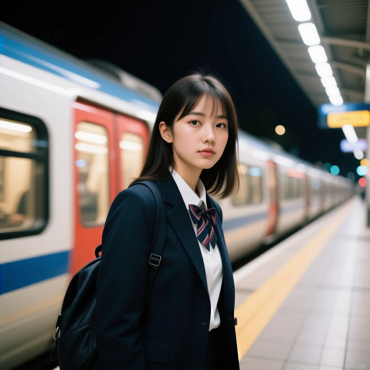 Qwen-Image-Edit-2509_clearで生成した夜の駅ホームに立つ日本人女子高生のフォトリアルイラスト