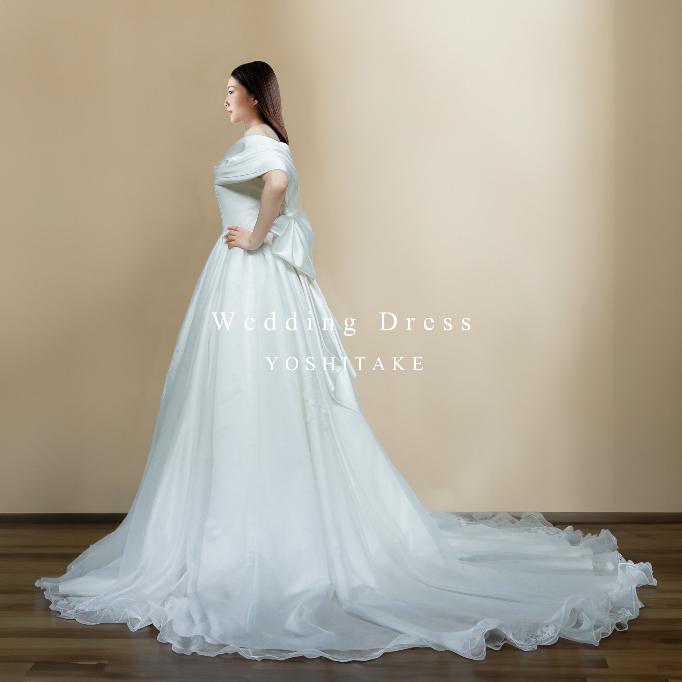 ウエディングドレス.白.Aライン.刺繍.オフショルダー.パニエ付き.Y2415