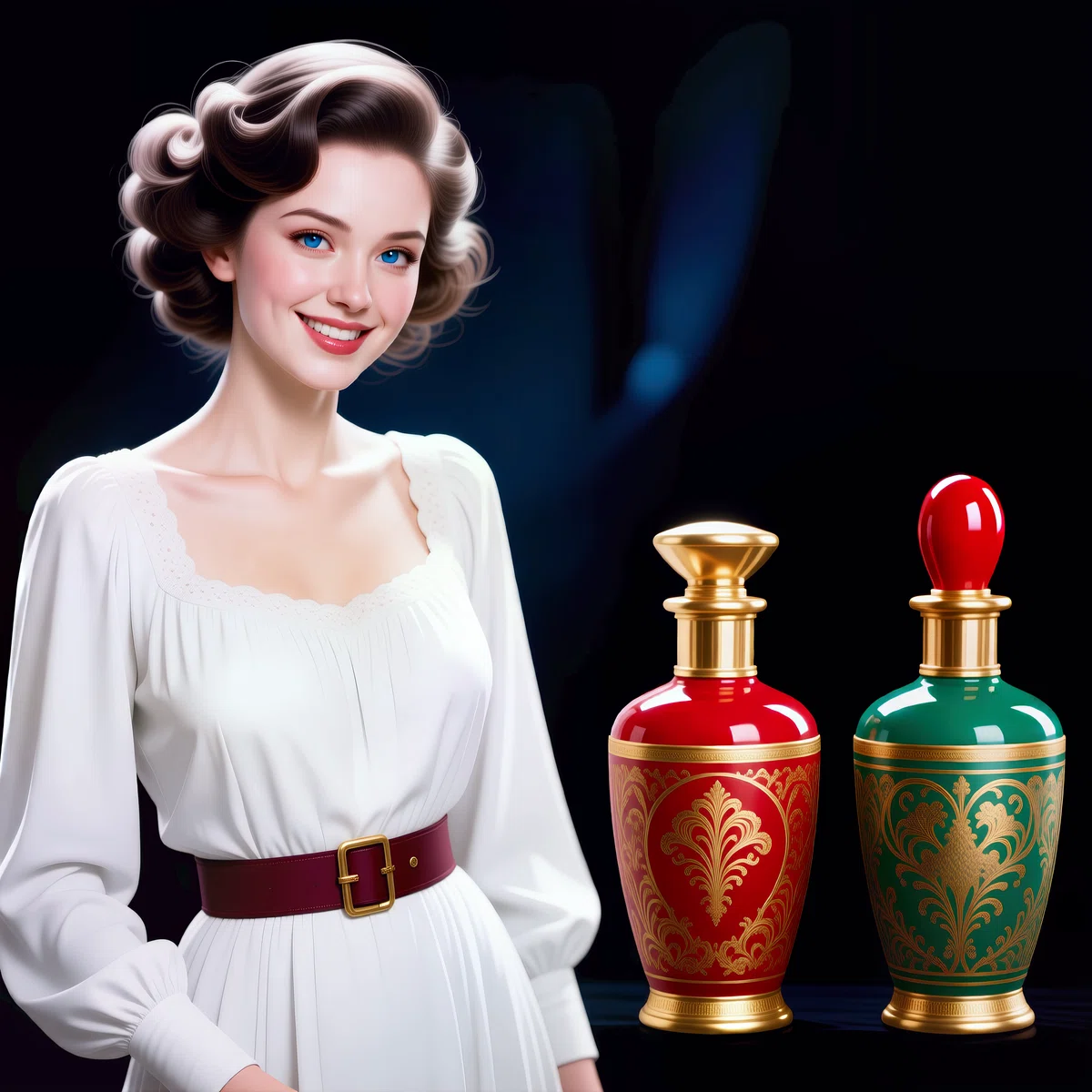 Qwen-Image-Edit-2509_clearで生成したレトロドレスの女性と香水瓶の高精細フォトリアルイラスト(商用例)