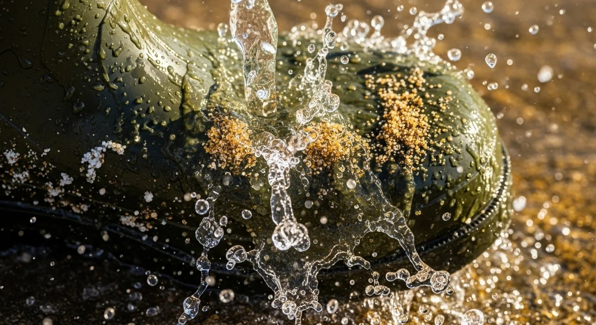 水しぶきを上げて靴を洗っている爽やかなシーン。