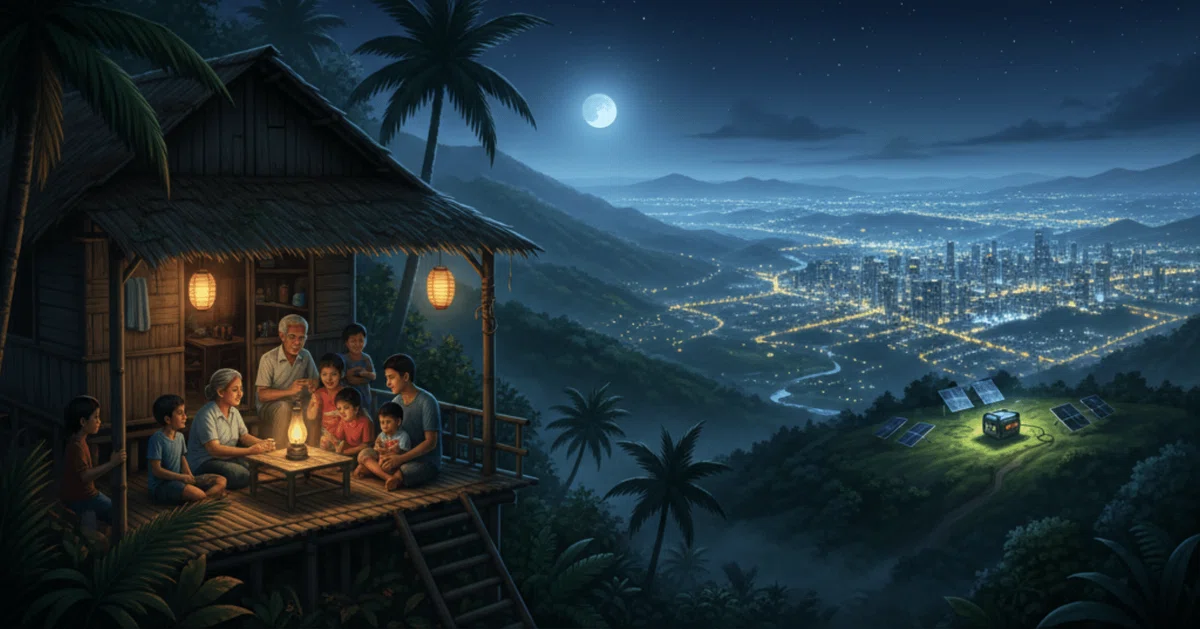 山小屋でランプを囲む家族と、遠くに輝く都市の夜景が広がる光景。山奥の温かい暮らしと電気のありがたさを描いたイラスト。