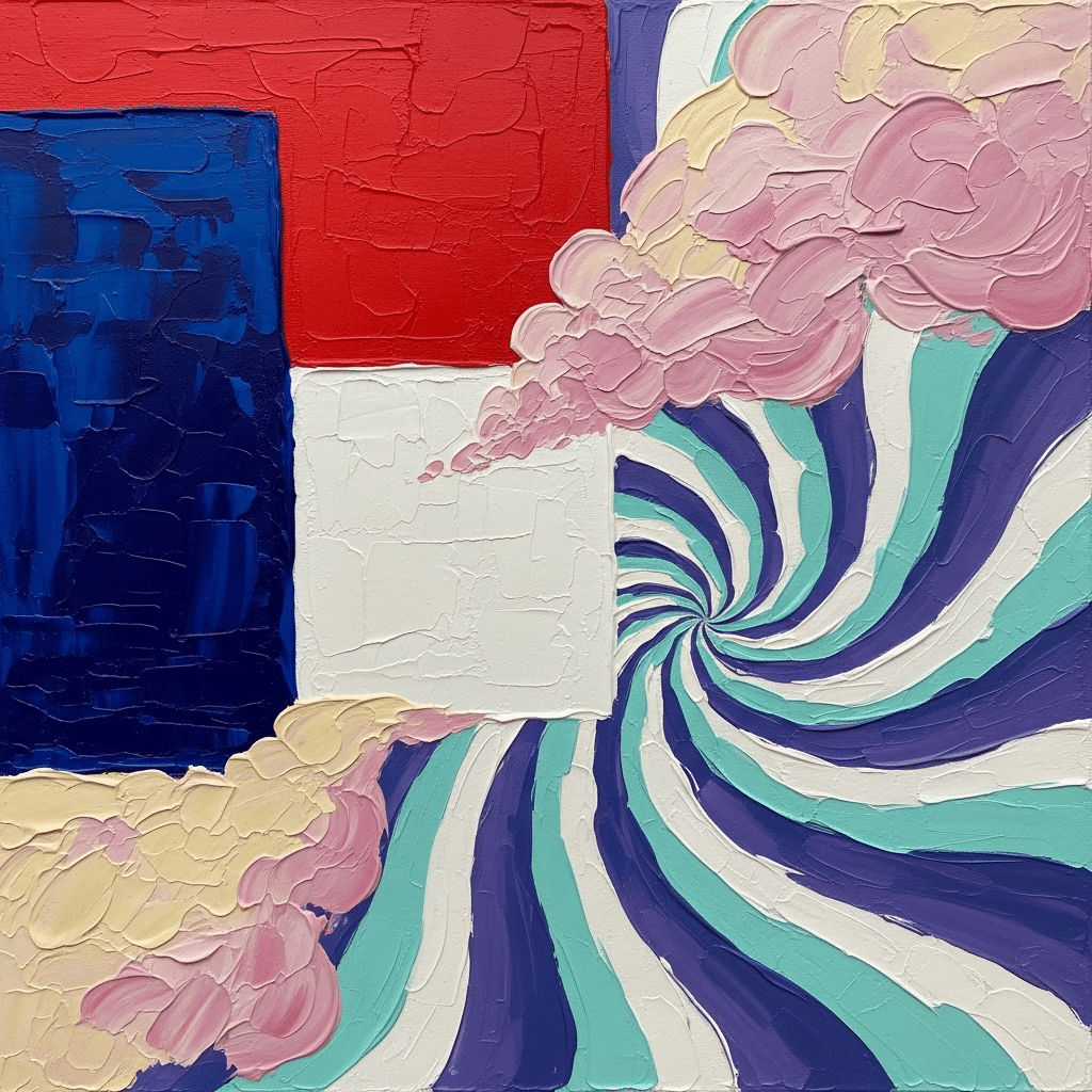 AI画像 de 油彩画（抽象、四角放射震え対数螺旋枝分かれ）｜茜町春彦