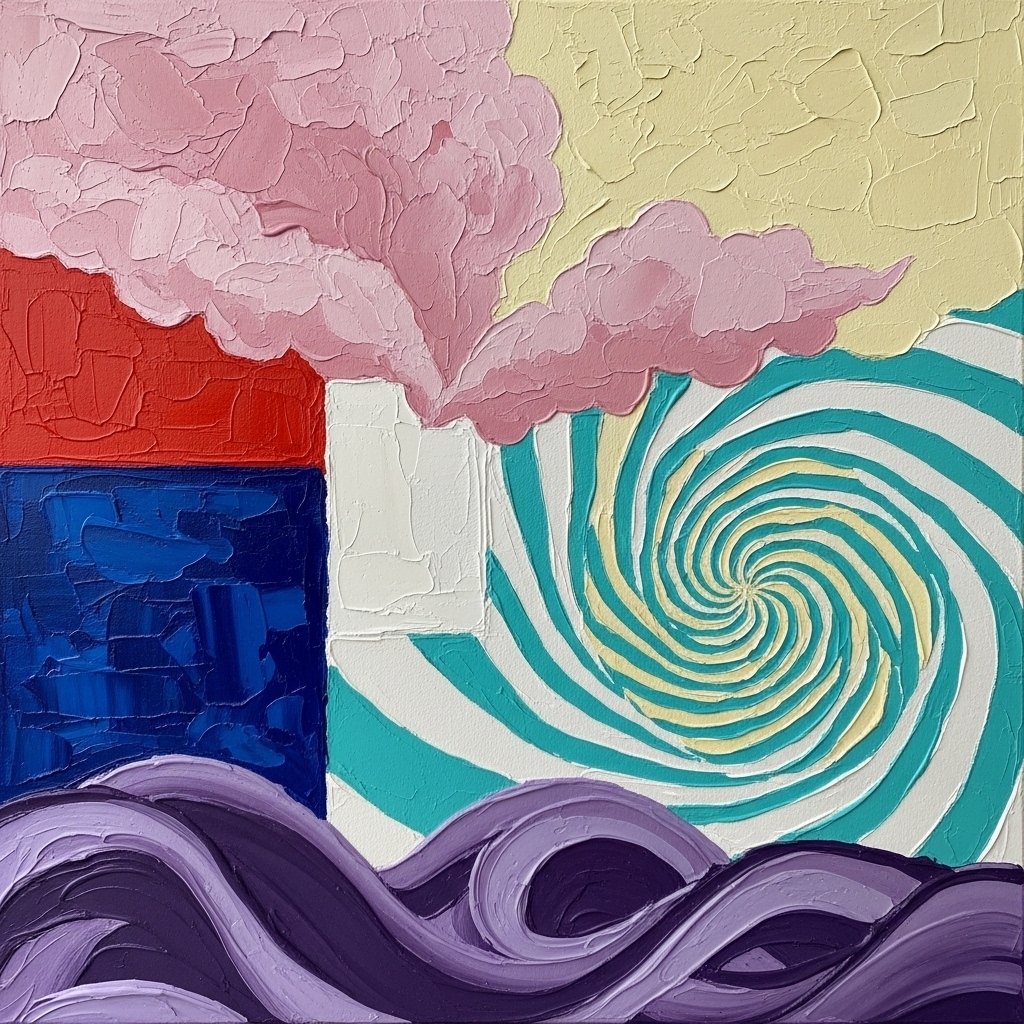 AI画像 de 油彩画（抽象、四角放射震え対数螺旋枝分かれ）｜茜町春彦