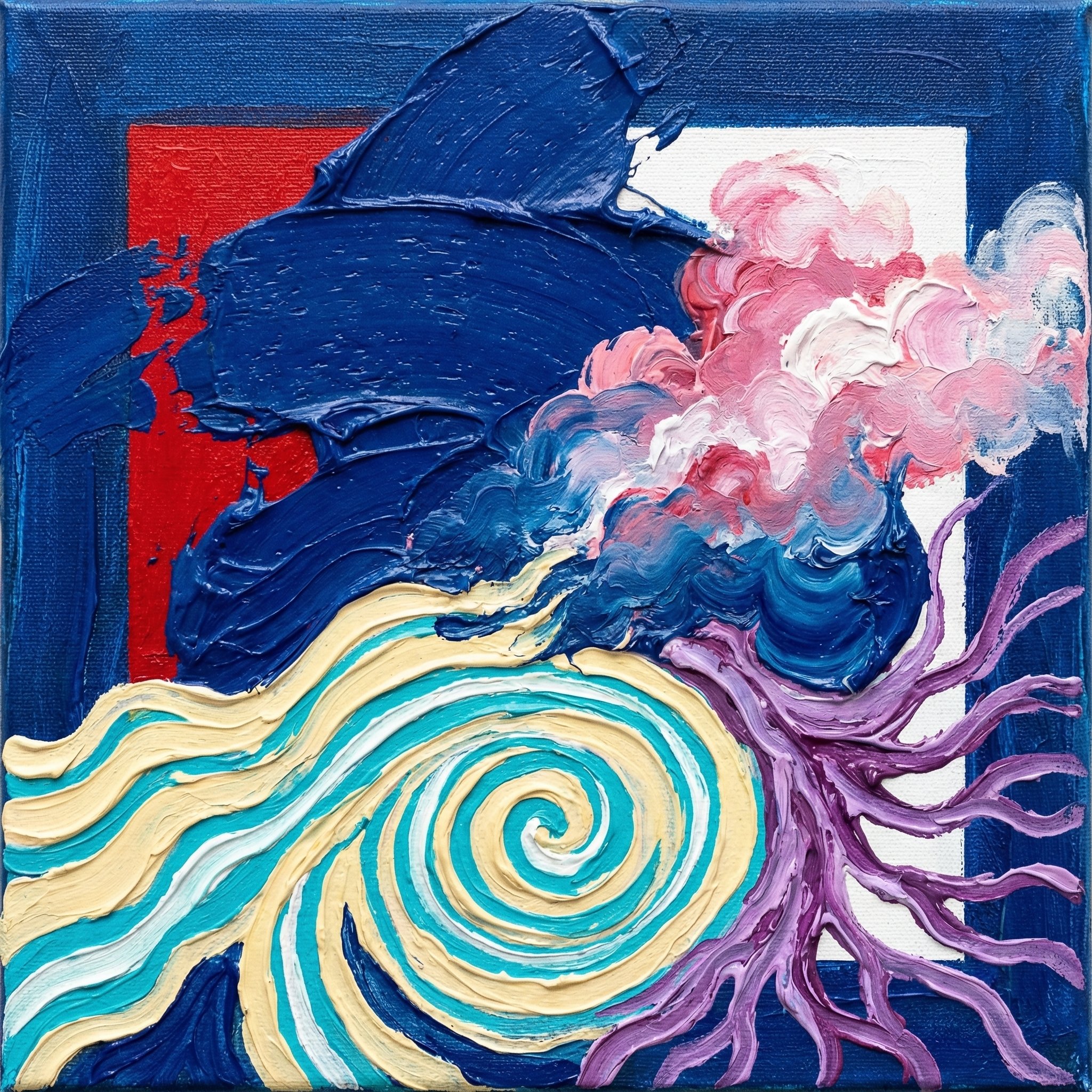 AI画像 de 油彩画（抽象、四角放射震え対数螺旋枝分かれ）｜茜町春彦