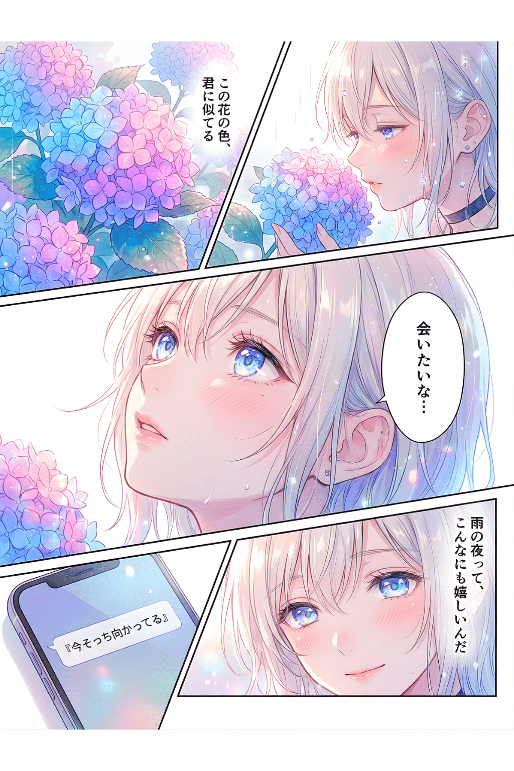 紫陽花は光に濡れて【画像生成AI＋4コマ漫画】｜Alpaka