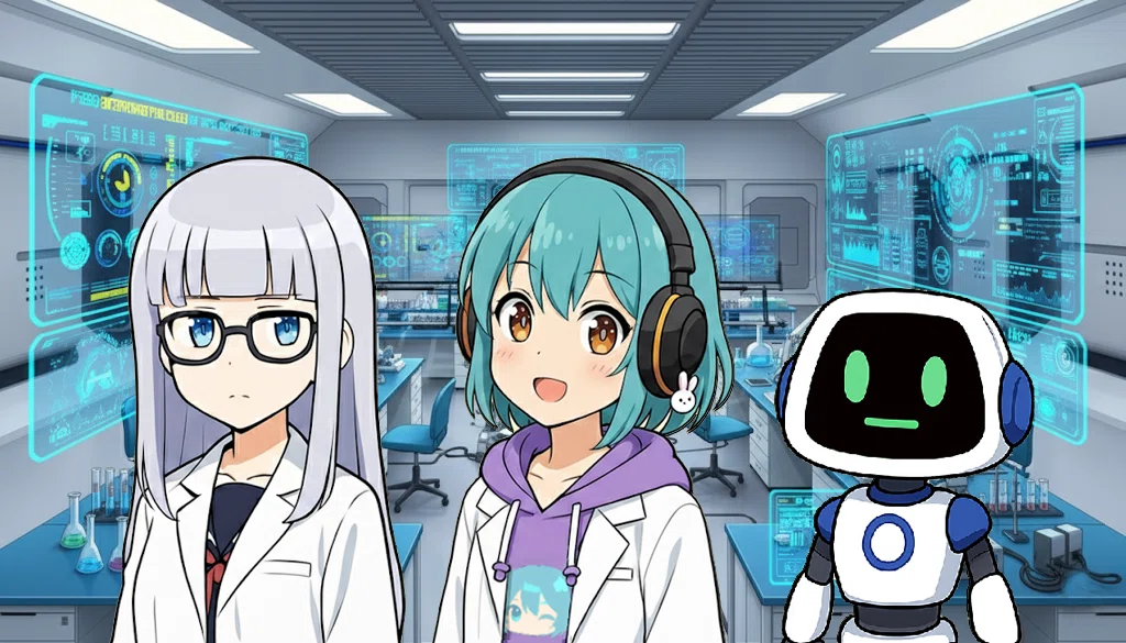 AIサブカル研究所を背景にして、左にジェミ美(Gemini)、中央にパイちゃん(copilot)、右にぐろっ君(grok)の3人のAI研究員が並んで立っている。