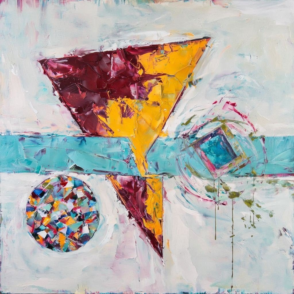 AI画像 de 油彩画（抽象、三角帯四角円モザイク）｜茜町春彦