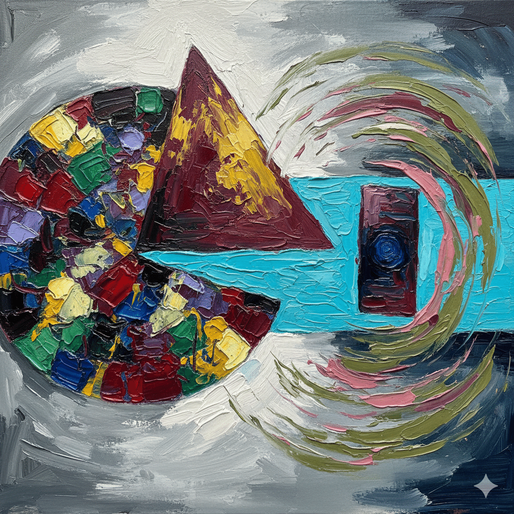 AI画像 de 油彩画（抽象、三角帯四角円モザイク）｜茜町春彦