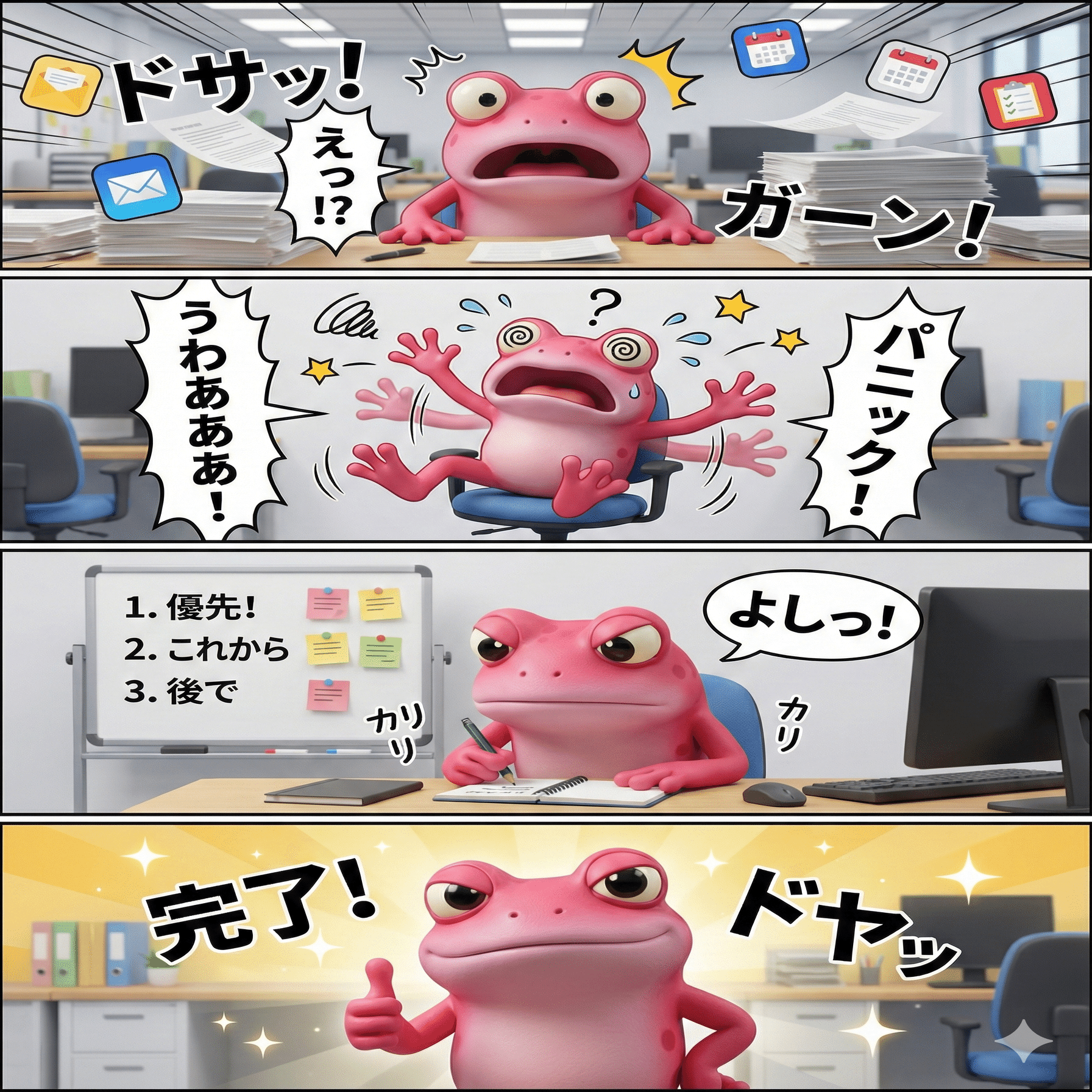 朗報】Gemini 3なら、4コマ漫画のセリフが日本語でそのまま出せました