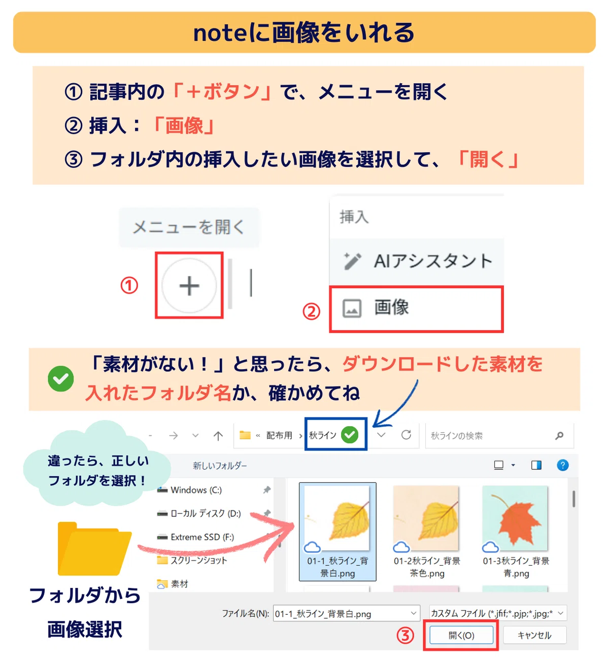 noteに画像をいれる。①記事内の「+ボタン」で、メニューを開く。②挿入:「画像」。③ フォルダ内の挿入したい画像を選択して「開く」。素材がないと思ったら、ダウンロードした素材を入れたフォルダ名か、確かめてね。違ったら、正しいフォルダを選択