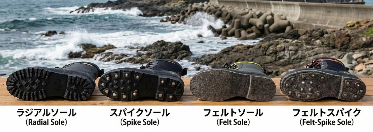 ラジアルソール・スパイクソール・フェルトソール・フェルトスパイクの比較画像