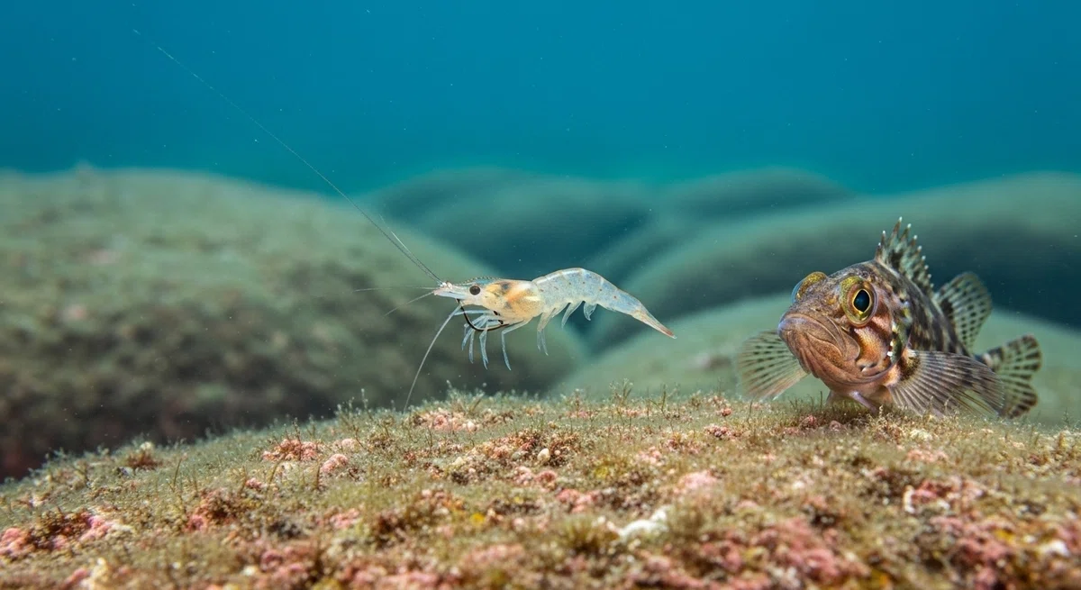 シラサエビを見つけるメバル（カサゴ）