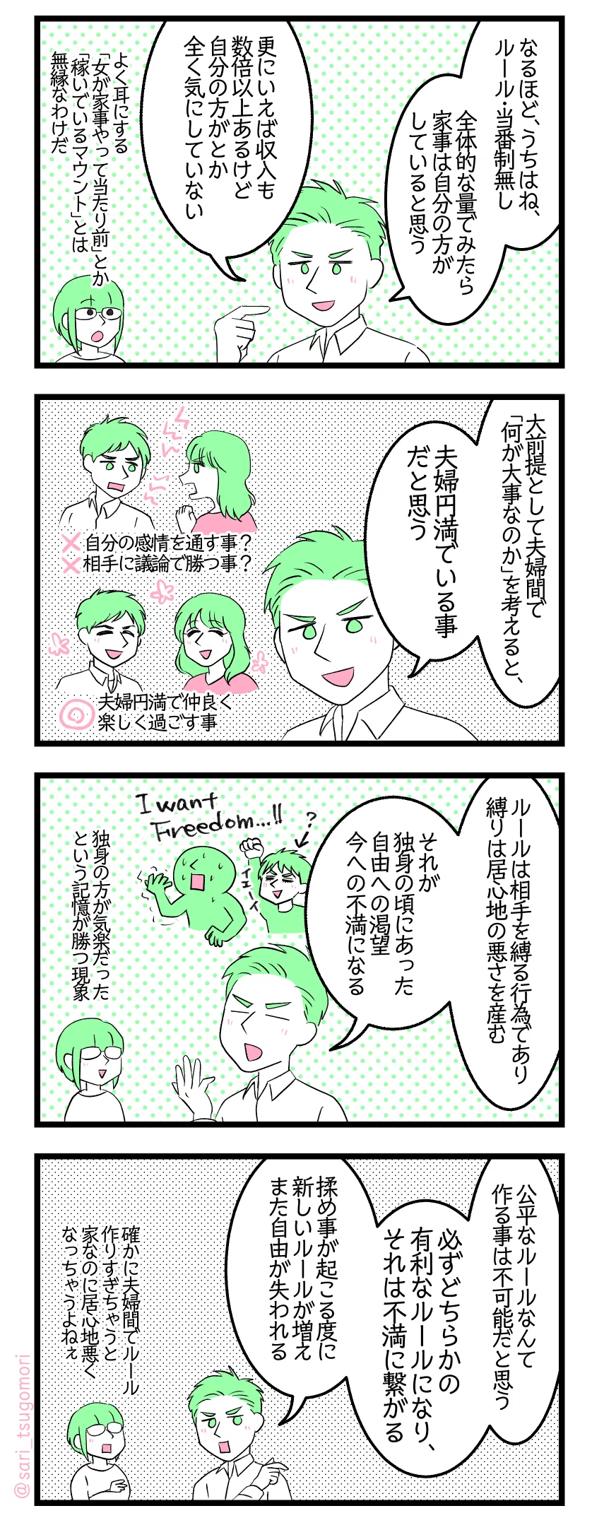 マンガの画像。以下内容テキスト
１：友人Tの場合
友人「なるほど。うちはね、ルール、当番制無し。全体的な量でみたら家事は自分の方がしていると思う。更にいえば収入も自分の方が数倍以上あるけど、自分の方がしているとか全く気にしていない。」津籠「（よく聞く「女だから家事やって当たり前」とか「稼いでいるマウント」とは無縁なわけだね）」
２：夫婦間で大事にすべきもの
友人「大前提として夫婦間で「何が大事なのか」を考えると、自分は夫婦円満でいる事だと思う」［言い争いする夫婦の図］✗自分の感情を通す事？　✗相手に議論で勝つ事？［ニコニコしてる夫婦の図］◯夫婦円満で仲良く楽しく過ごす事
３：ルール、当番制は採用しない理由
友人「ルールは相手を縛る行為であり、縛りは居心地の悪さを産む。それが独身の頃にあった自由への渇望、今への不満になる」津籠「（独身の方が気楽だーって記憶が勝つ現象笑）」
４：ルールが増える＝不満原因が増える
友人「公平なルールなんて作る事は不可能だと思う。必ずどちらかの有利なルールになり、それは不満に繋がる。揉め事が起こる度に新しいルールが増え、また自由が失われる」［負のスパイラルの図］津籠「（確かに夫婦間でルール作りすぎちゃうと家なのに居心地悪くなっちゃうよね）」