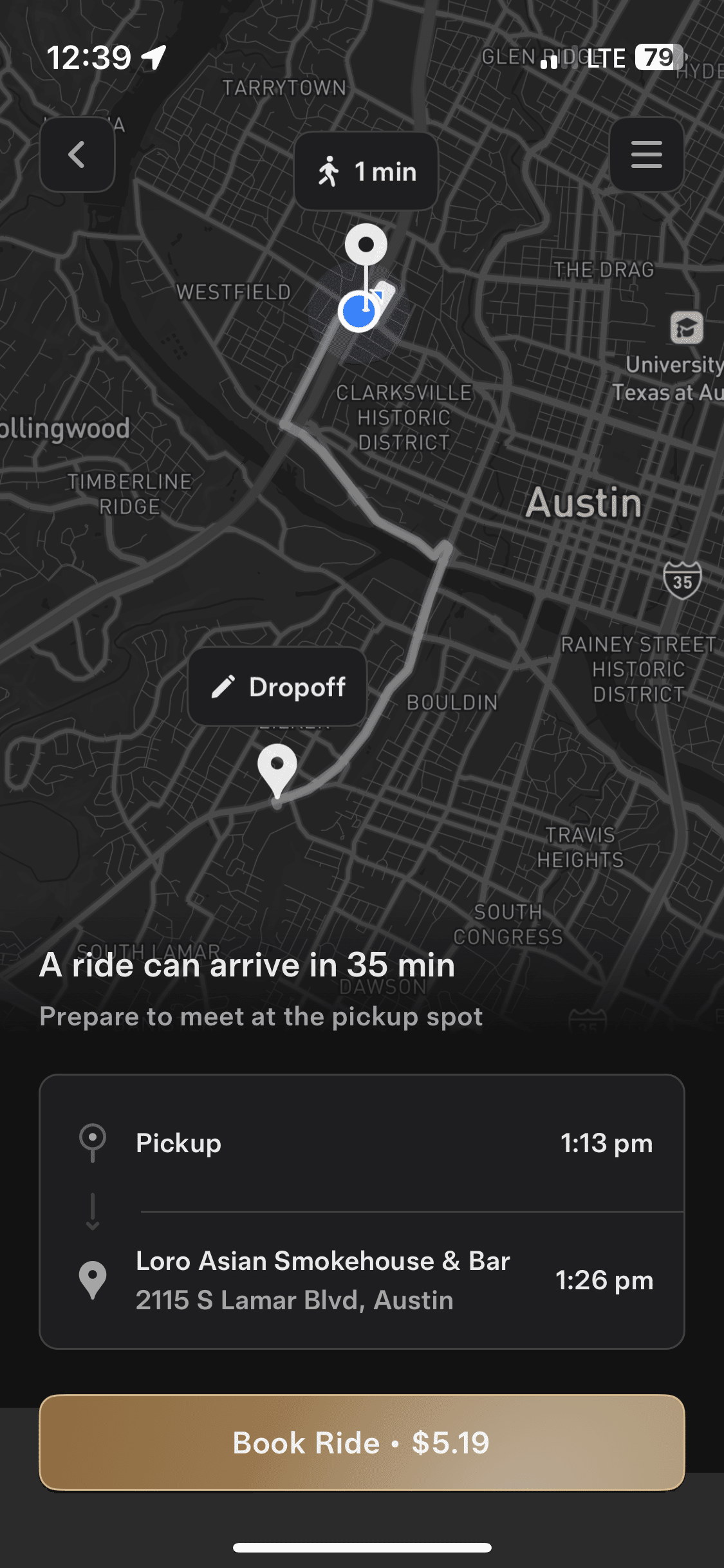 Ride reservation screen of Tesla's self-driving taxi reservation app 