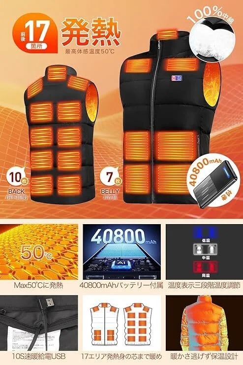 本音レビュー】Yoigood 電熱ベスト 40800mAh大容量バッテリー付き 17