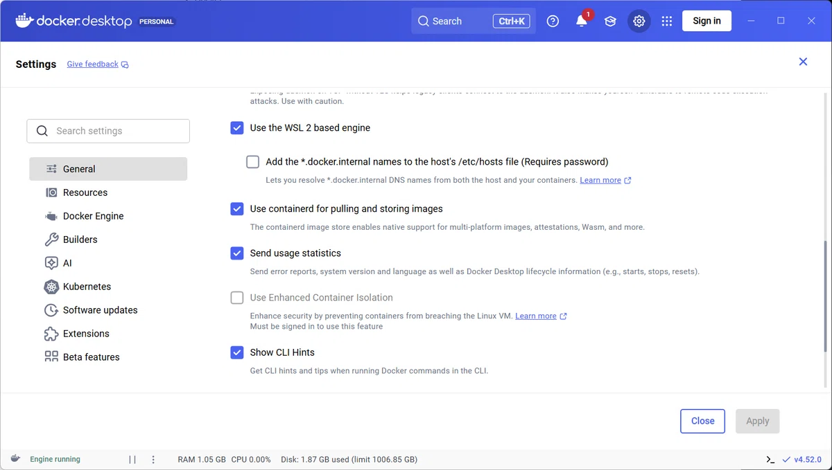 Docker Desktopの設定画面