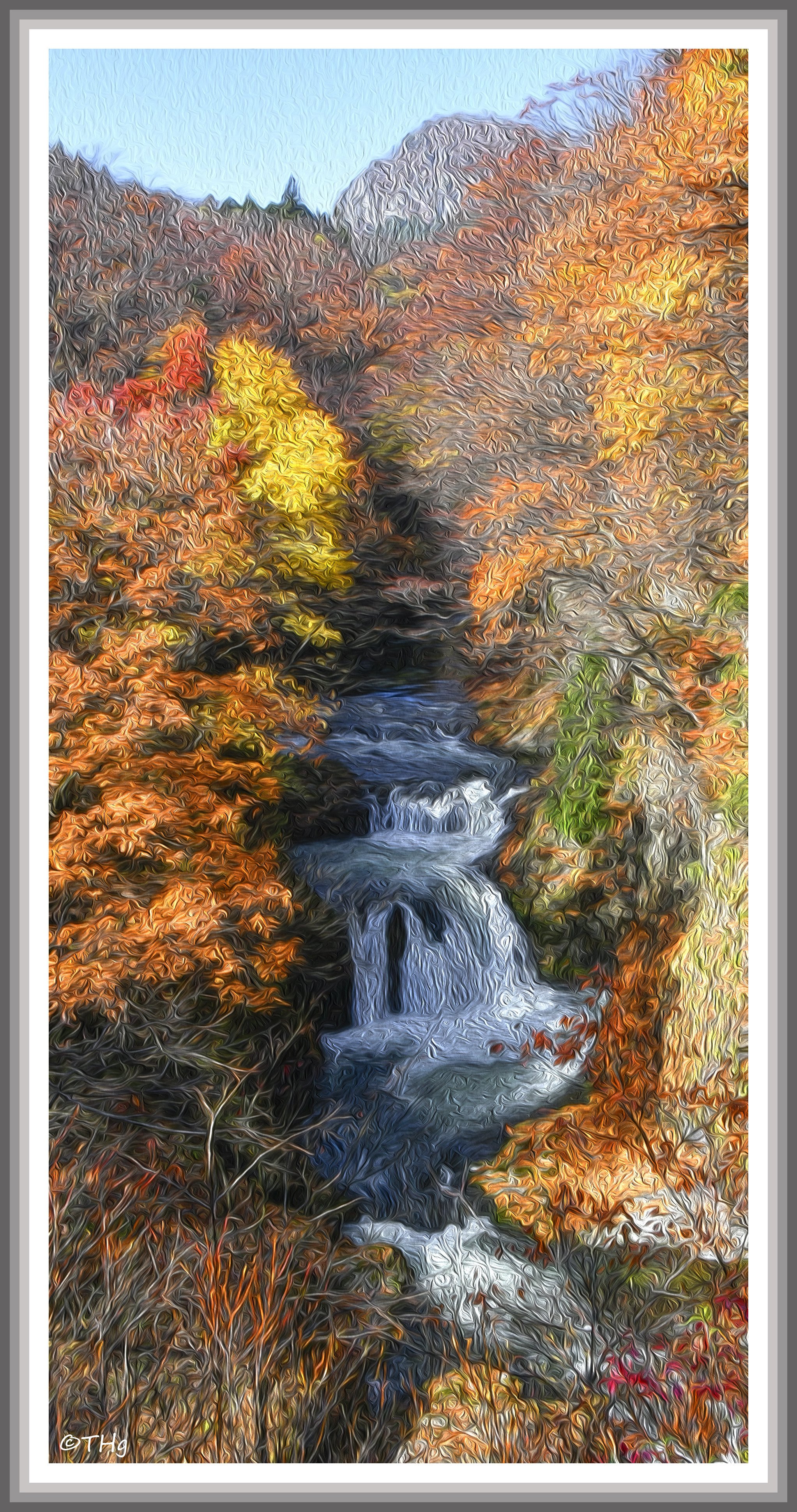 油彩 乗政大滝 晩秋の鳳鳴四十八滝（縦パノラマ・油彩風）｜taka
