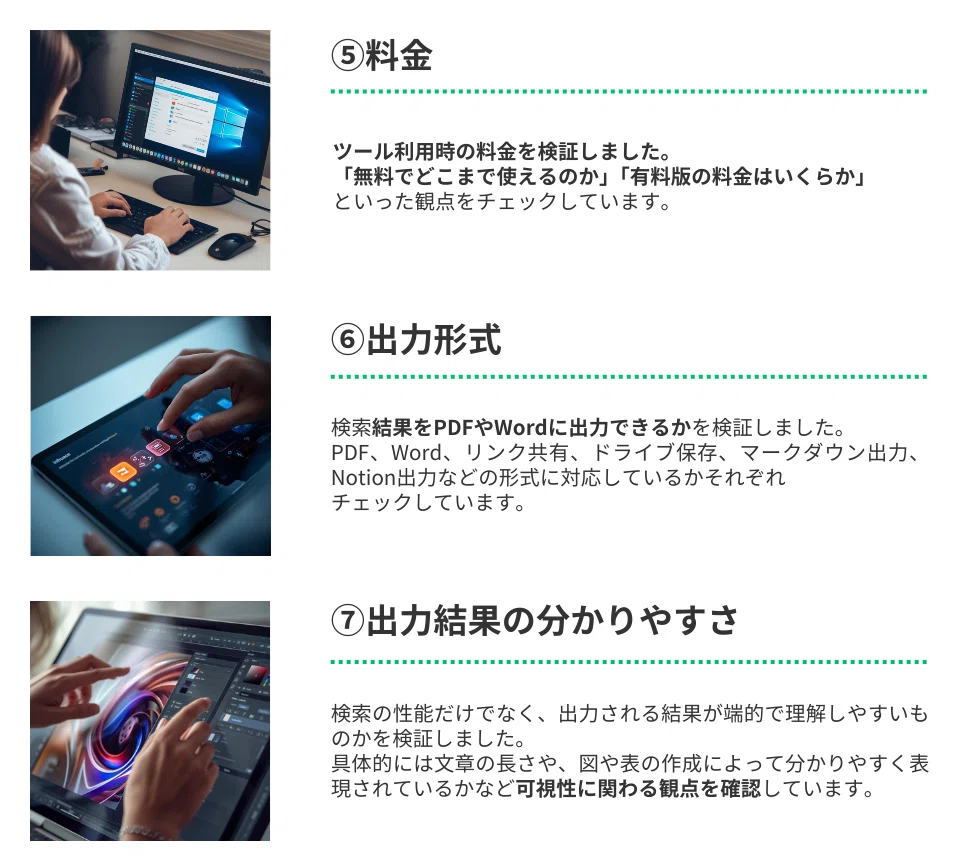 ⑤料金
ツール利用時の料金を検証しました。
「無料でどこまで使えるのか」「有料版の料金はいくらか」といった観点をチェックしています。

⑥出力形式
検索結果をPDFやWordに出力できるかを検証しました。
PDF、Word、リンク共有、ドライブ保存、マークダウン出力、Notion出力などの形式に対応しているかをそれぞれチェックしています。

⑦出力結果の分かりやすさ
検索の性能だけでなく、出力される結果が端的で理解しやすいものかを検証しました。
具体的には文章の長さや、図や表の作成によって分かりやすく表現されているかなど可視性に関わる観点を確認しています。