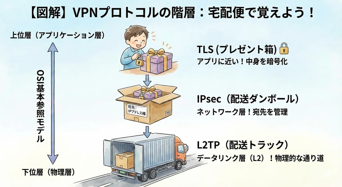 【図解】IPsec、L2TP、TLS…どっちが上？ VPNプロトコルを「宅配便」で完全攻略！｜さくら｜セキスペ×アウトプット