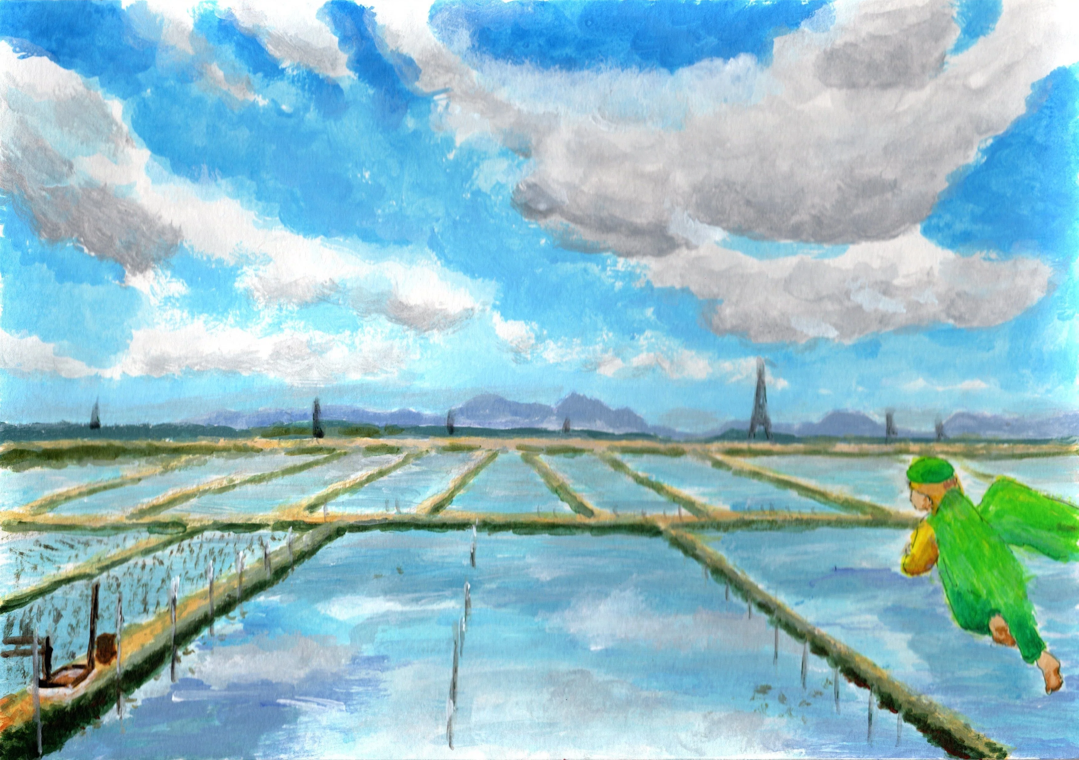 カレンダー用の絵(10)4月の田んぼ｜碧緑（あおみどり）