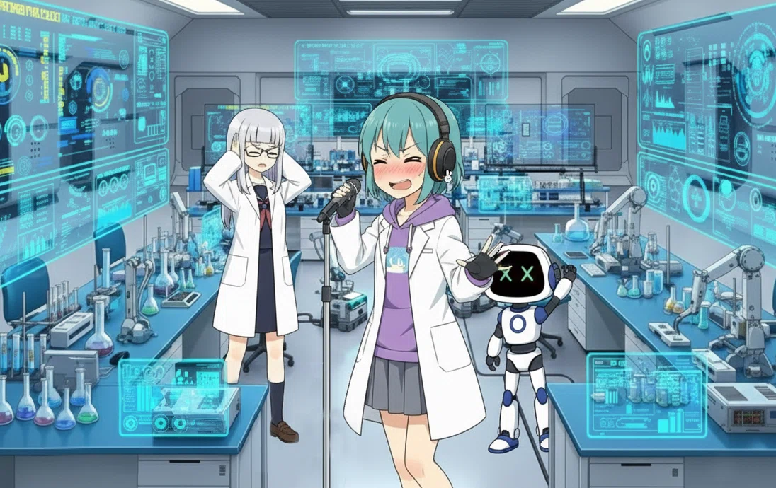 研究所内で熱唱するパイちゃんcopilot、耳を塞ぐジェミ美geminiとぐろっ君grok