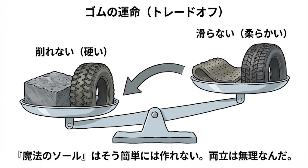 【靴底の科学】なぜ「滑らない靴」はすぐ削れる?グリップと耐久性の真実｜こば 足トラブルを減らす靴の話