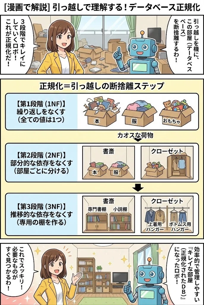 マンガで理解]正規化は「引っ越しの断捨離」だ ─ 1NF・2NF・3NFを3分 