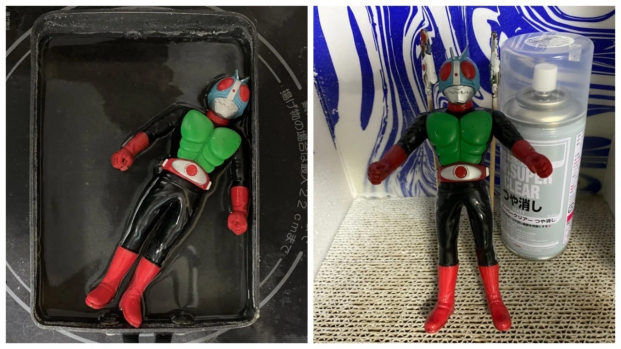ビックサイズソフビ リペイント旧2号 遊びの記憶を彩る色――仮面ライダー2号、ソフビ再生の筆跡｜筆塗りーず