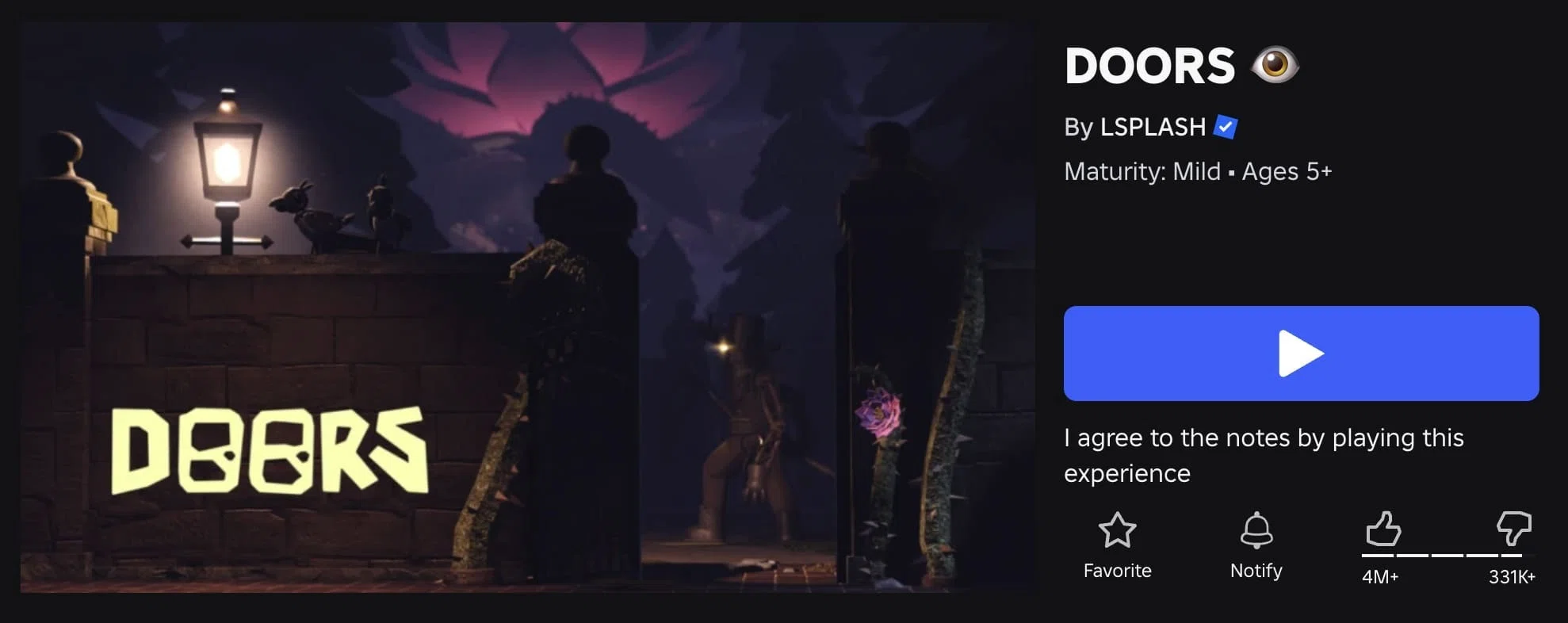 DOORS Roblox horror experience artwork DOORS Roblox experience page with dark horror game artwork