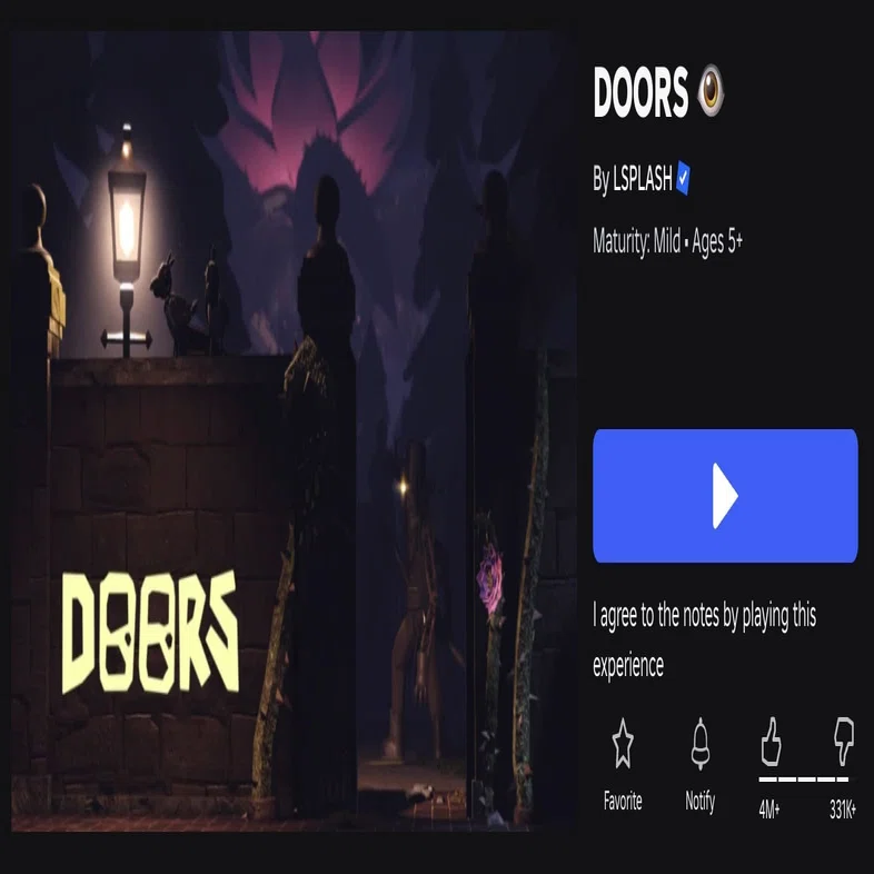 DOORS Roblox experience page with dark horror game artwork
