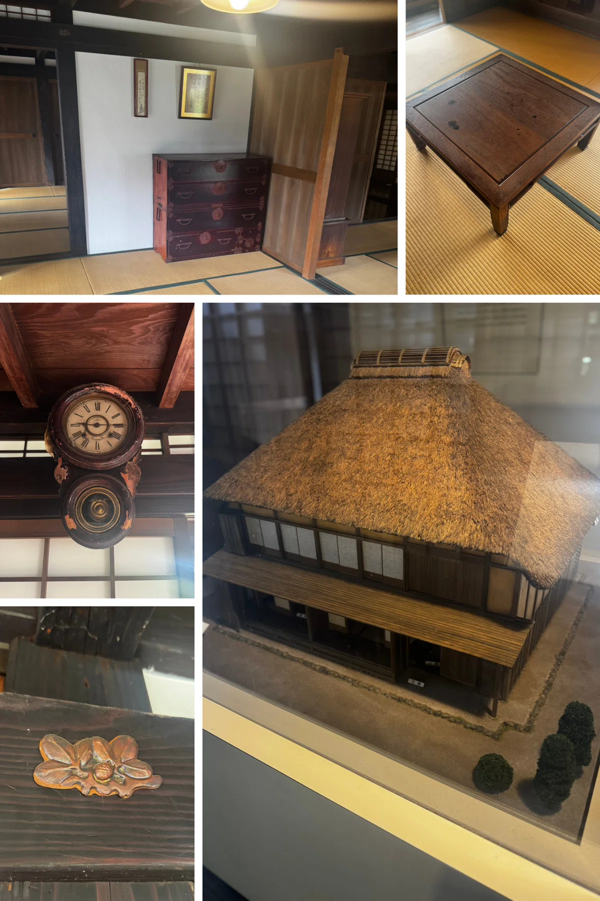 村野常右衛門生家の内部風景。囲炉裏の模型、畳の部屋、古い家具や展示パネルなどをまとめた写真