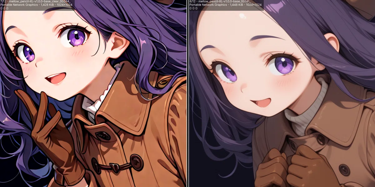 拡大図比較: 少女の表情と鷹の羽のディティール（mellow_pencil-XL-v1.0.0-base_clear vs base）