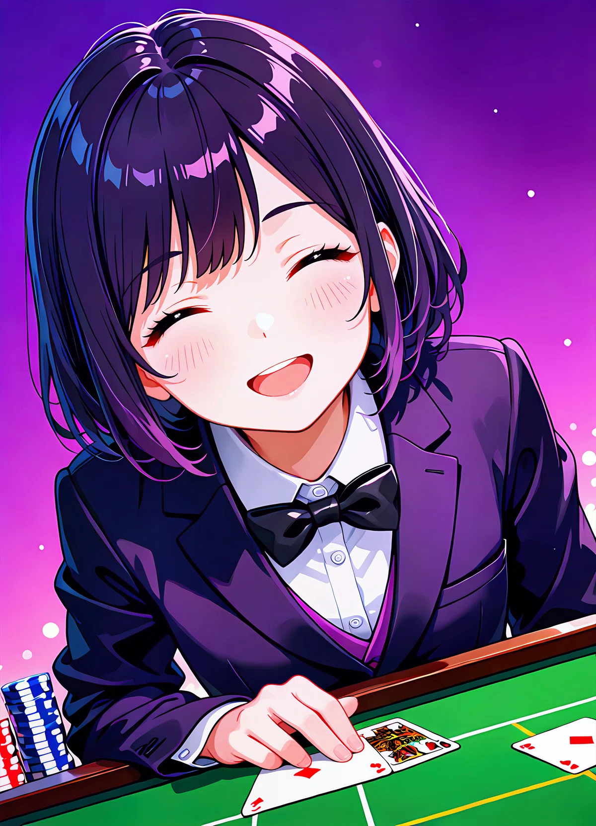 カードゲーム作例: 黒髪少女がカジノでカードを扱うアニメイラスト（mellow_pencil-XL-v1.0.0-base_clear）