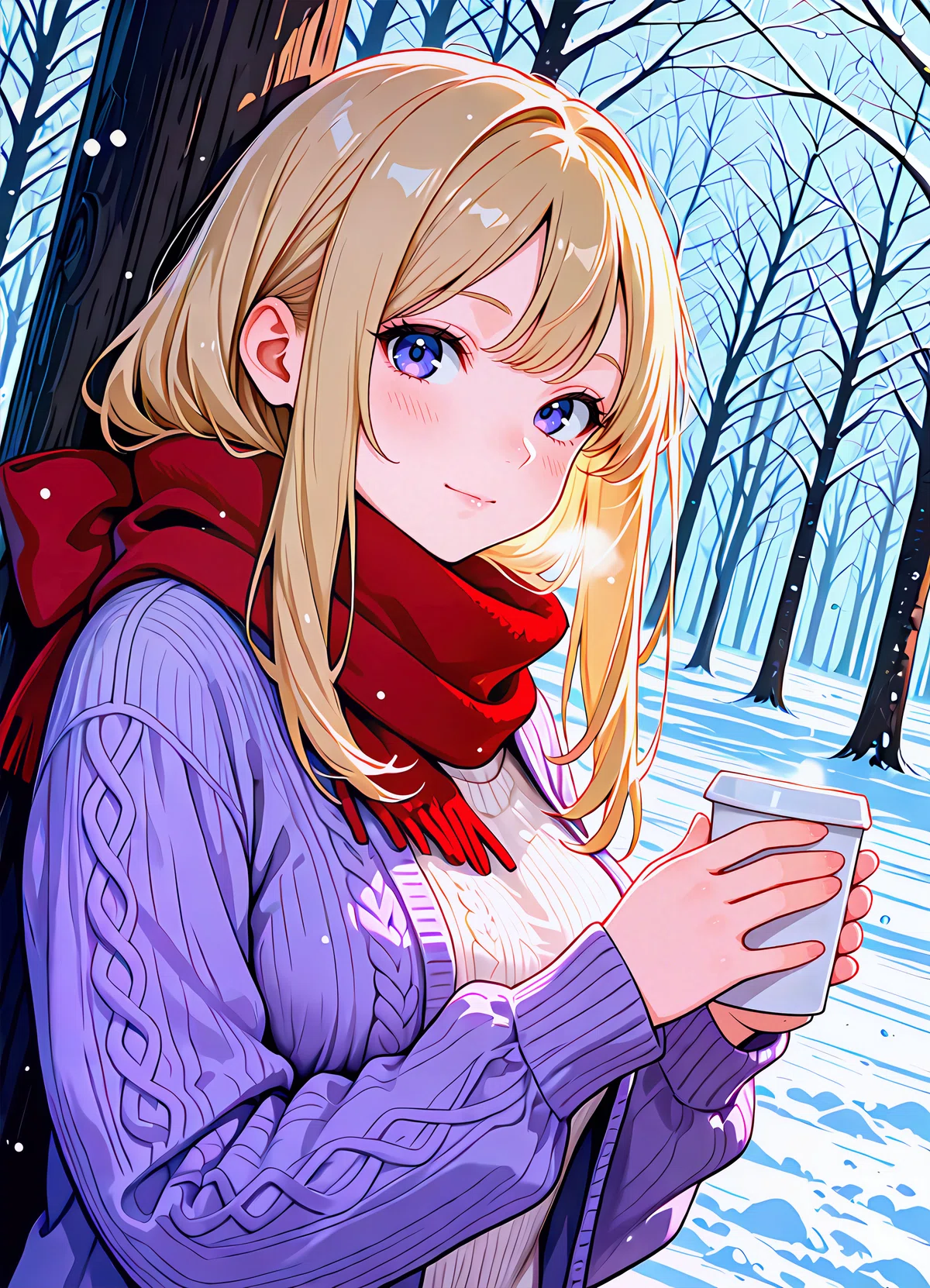 雪のコーヒーカップ作例: 金髪少女が雪中カップを持つアニメイラスト（mellow_pencil-XL-v1.0.0-base_clear）