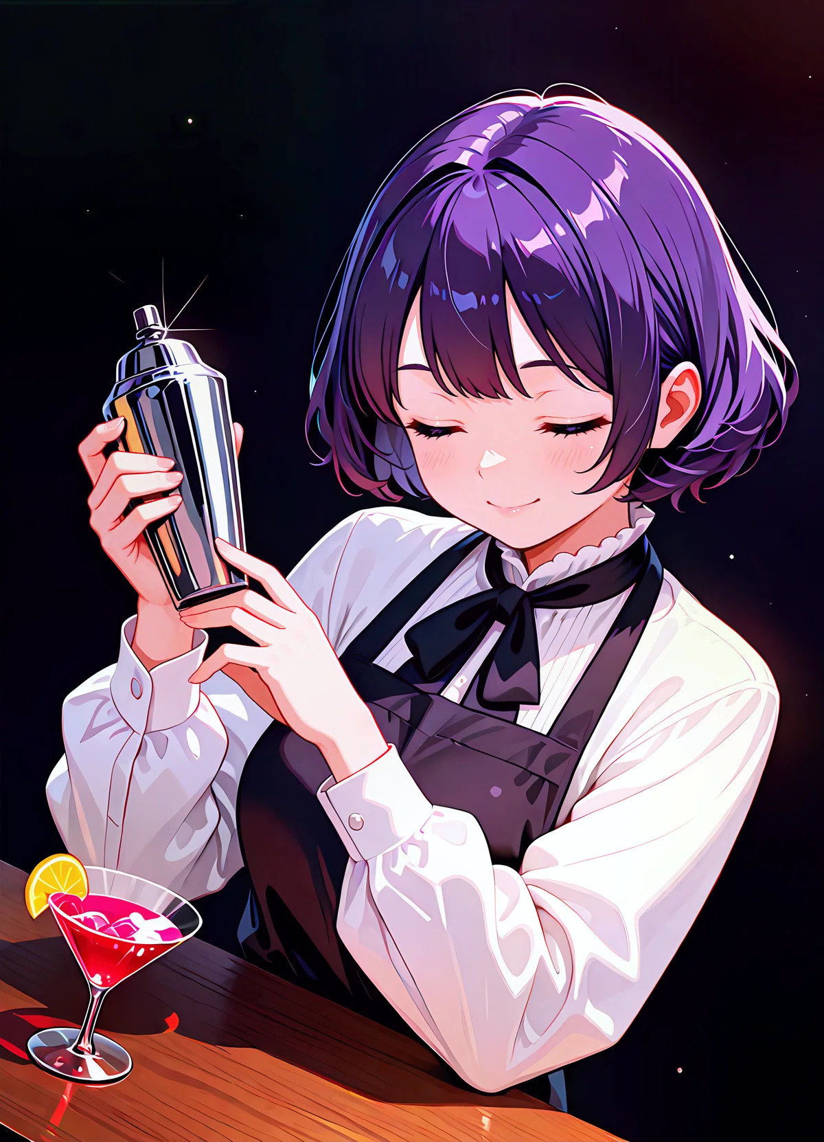 シェイカー作例: 黒髪女性バーテンダーがシェイカーを持つアニメイラスト（mellow_pencil-XL-v1.0.0-base_clear）