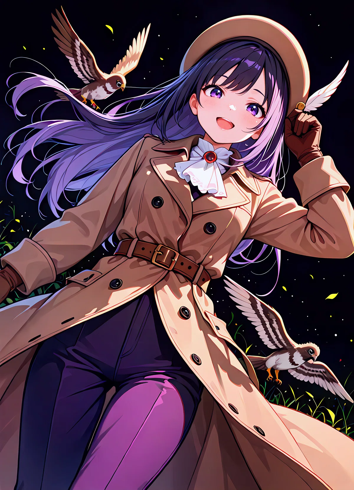 紫髪少女と鷹のダイナミックなアニメイラスト（mellow_pencil-XL-v1.0.0-base_clear）