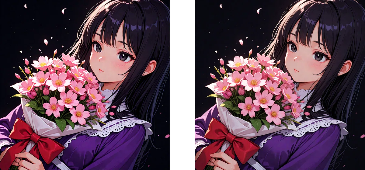 SDXL_anime_clear_vae比較: 左-clear（鮮やかな赤）、右-base_vaeの花束少女イラスト