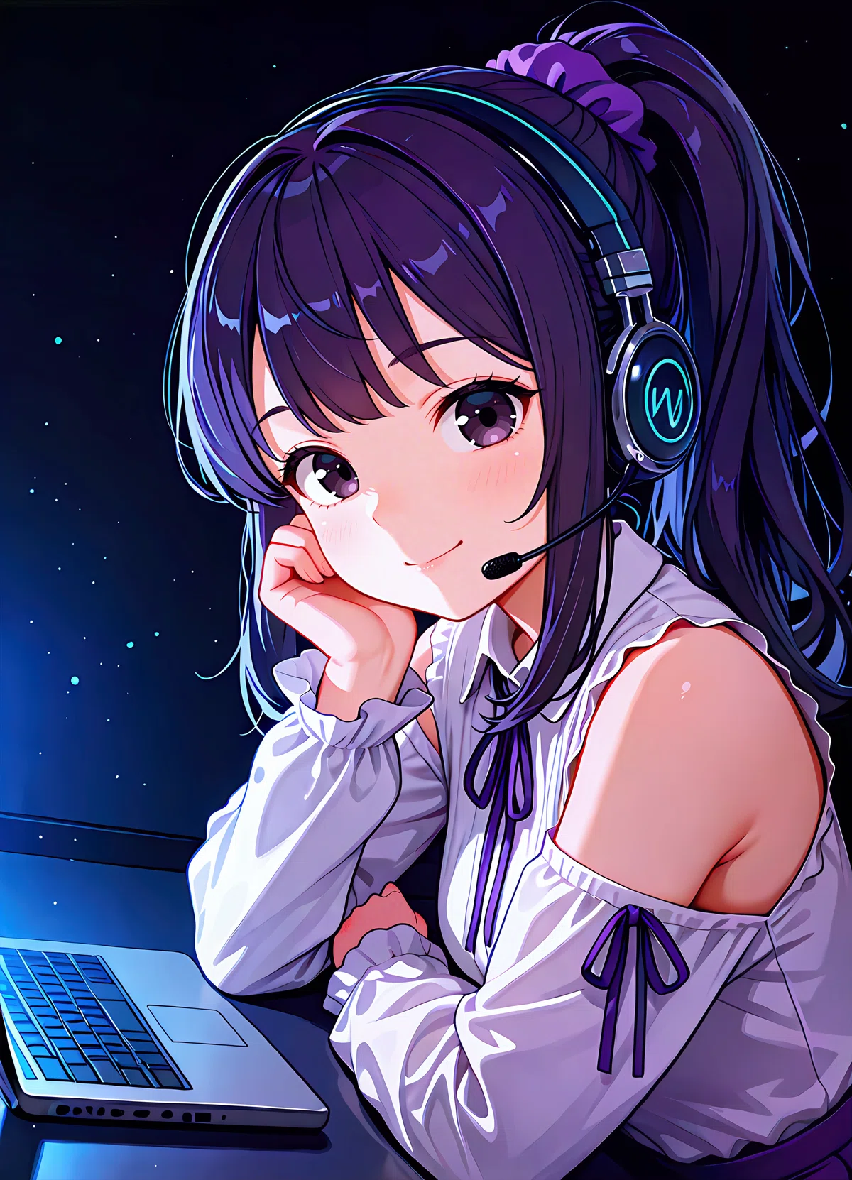 PC実況作例: 丸顔の紫髪少女がヘッドセットで配信するアニメイラスト（mellow_pencil-XL-v1.0.0-base_clear）